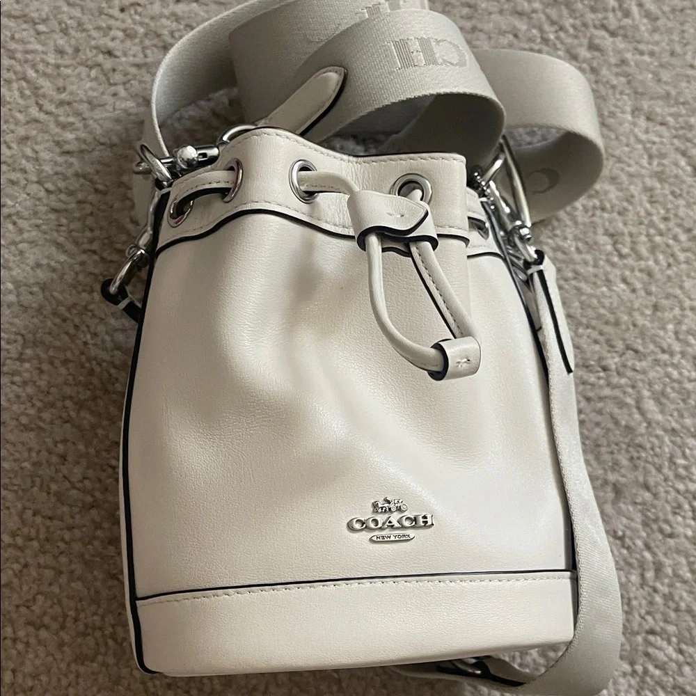 Coach Chalk Color Leather Mini Drawstring Bucket Bag with Logo Strap - Picture 3 of 10